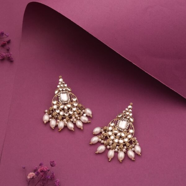Gold Plated Kundan Stone Studded White Pearl Attach Earring for Women & Girls