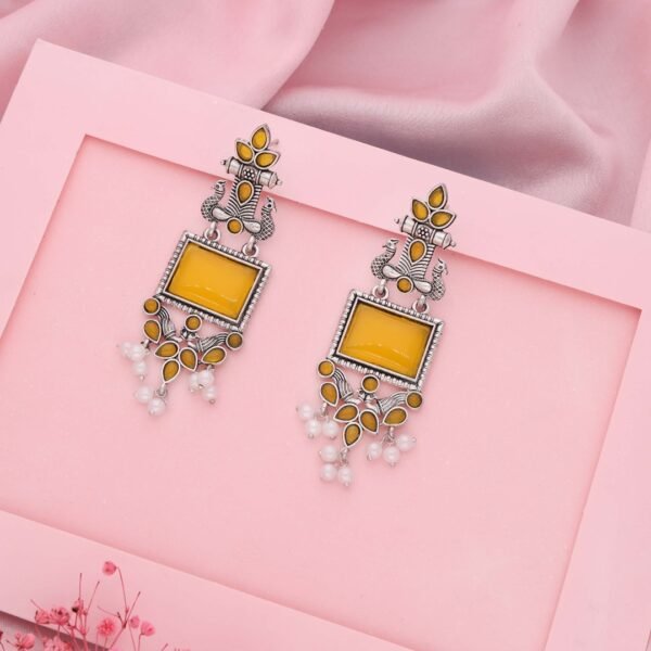 Handcrafted Oxidized Silver Earrings – Yellow Stone & Pearl Danglers